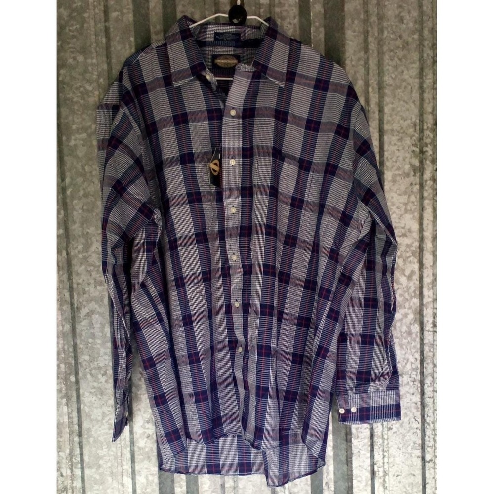 Towncraft Shirt Mens XL Buttonfront 17-1/2 Blue Plaid 80s Vintage Deadstock New